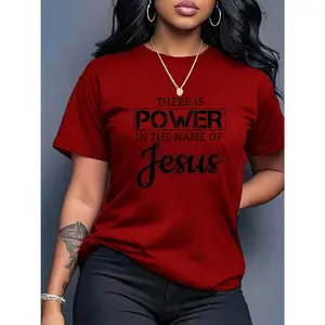 100% Cotton Women's Casual Short Sleeve T-Shirt - "Jesus Power" Inspirational Pattern Print, Beige Crew Neck Top, Medium Stretch Fabric, Machine Washable for Daily Comfort, All-Season Artistic Letter Design, Non-See-Through Material