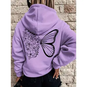 Women's Casual Purple Hoodie with Intricate Butterfly & Floral Design - Trendy Long Sleeve, 100% Polyester, Machine Washable Sweatshirt with Drawstring Hood, Casual Wear Hoodie | Casual Style Hoodie | Durable Casualwear, Oversized Hoodie