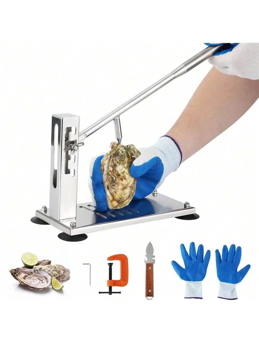 Gaomon Sturdy Beginner-Friendly Adjustable Stainless Steel Oyster & Clam Shucking Kit - 4-Level Adjustment Kitchen Gadgets Set with Suction Cups, G-Clamp, Knives, Cut-Proof Gloves, Aluminium Cutting Tools - Ideal For Home Use