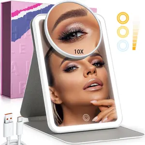 Rechargeable LED Makeup Mirror, Adjustable Brightness, 3 Color Modes, 10x Magnification, 3000mah Battery, USB Charging, Portable Design, Led Cosmetic Mirror