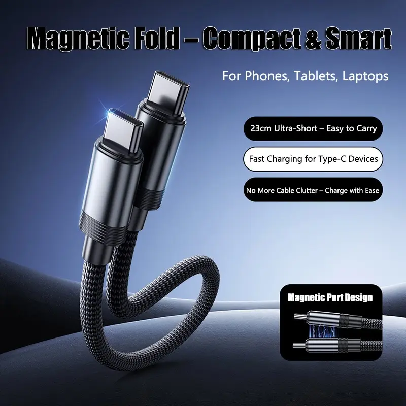 Pd100w Max Fast Charging Cable, Magnetic Data Cable, Short Type-C to Type-C Charger, Compatible with iPhone, Switch, Macbook, iPad, Xiaomi, Samsung, Huawei