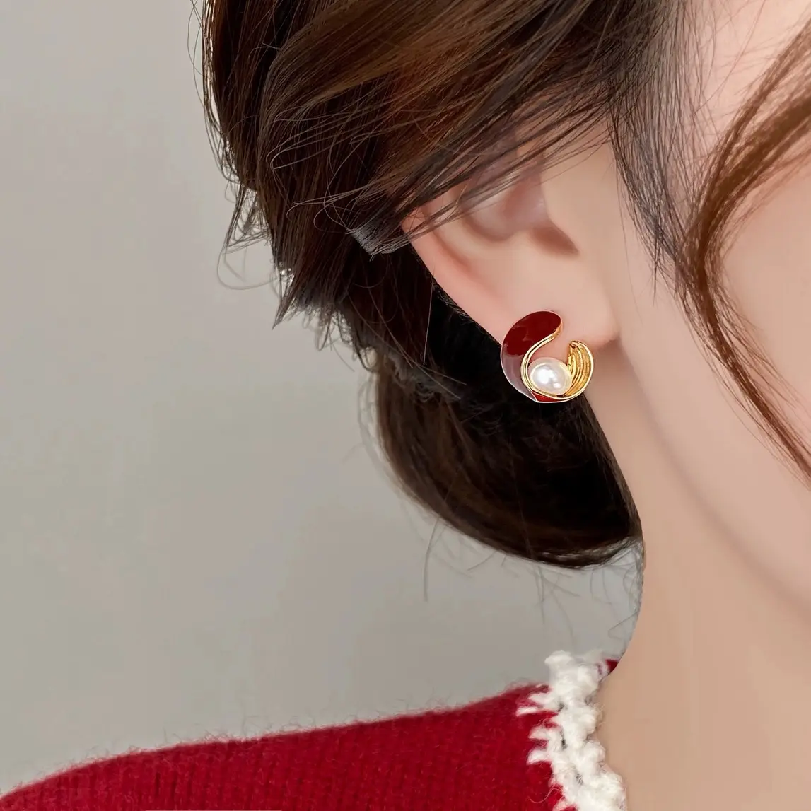 Christmas red earrings with fresh water pearl for women