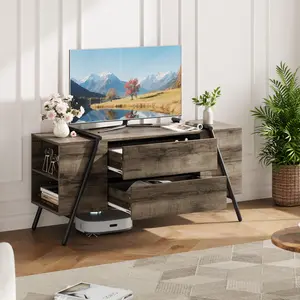 Garvee 47" Entertainment Center with 2 Drawers, Farmhouse Vintage Console Table with Adjustable Shelf & Cord Holes, Industrial Style Stand for Living Room, Retro Grey Finish