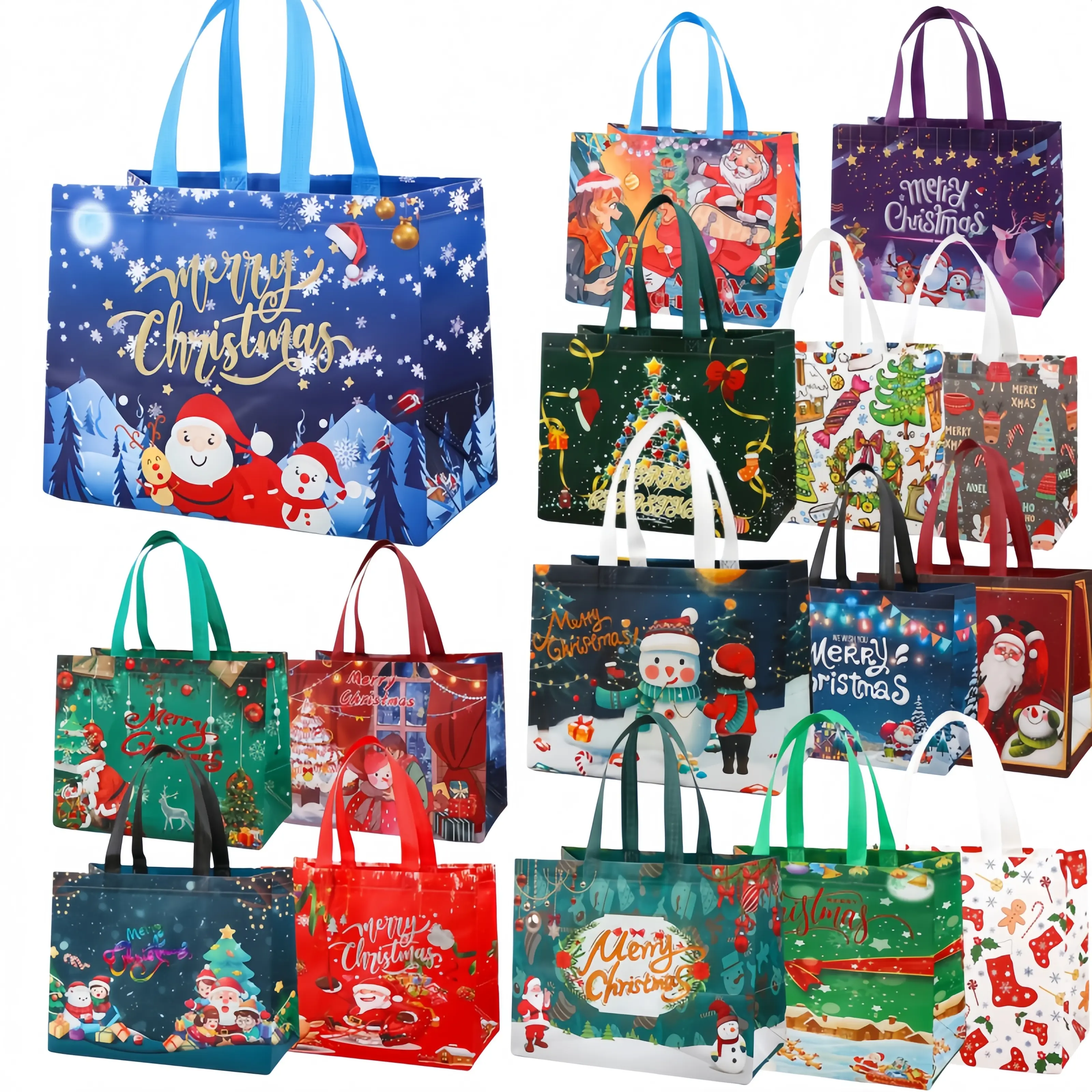 Assorted Pattern Christmas Gift Bags，16/32 pieces, Christmas handheld gift bags with handles, reusable Christmas bags, non-woven gift bags, holiday party gift bags, Christmas, Halloween, Thanksgiving, Grandparents' Day, Labor Day