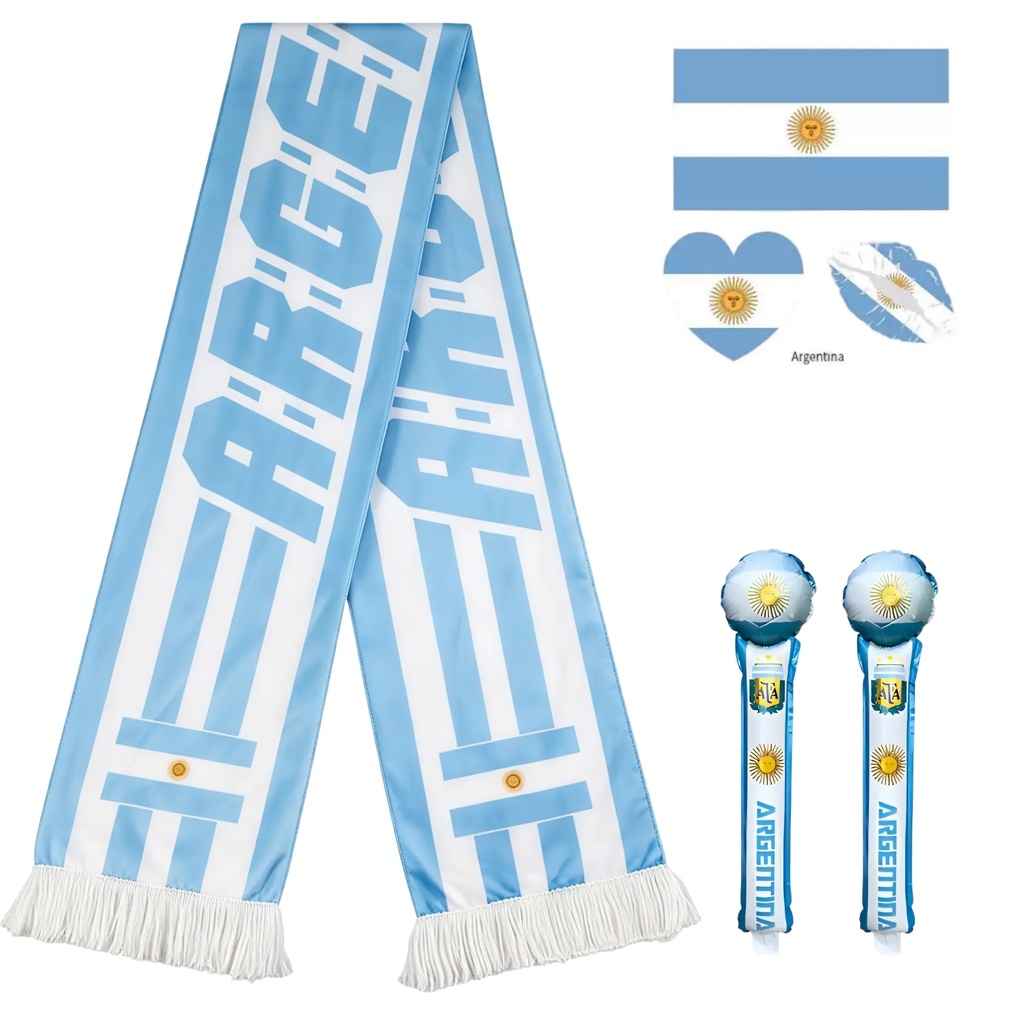 Multi-Country Soccer Game Day Fan Kit - Unisex Lightweight Double-Sided Scarf, Thunder Sticks, Tattoos, Party Accessories for Stadium Events, Bar Gatherings, Ideal Gift