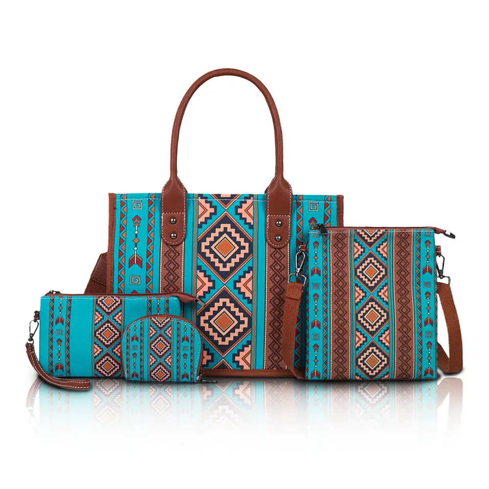 Premium 4-Piece Bohemian Canvas Tote Sling Bag Set -Large Crossbody Shoulder Tote with Adjustable Strap