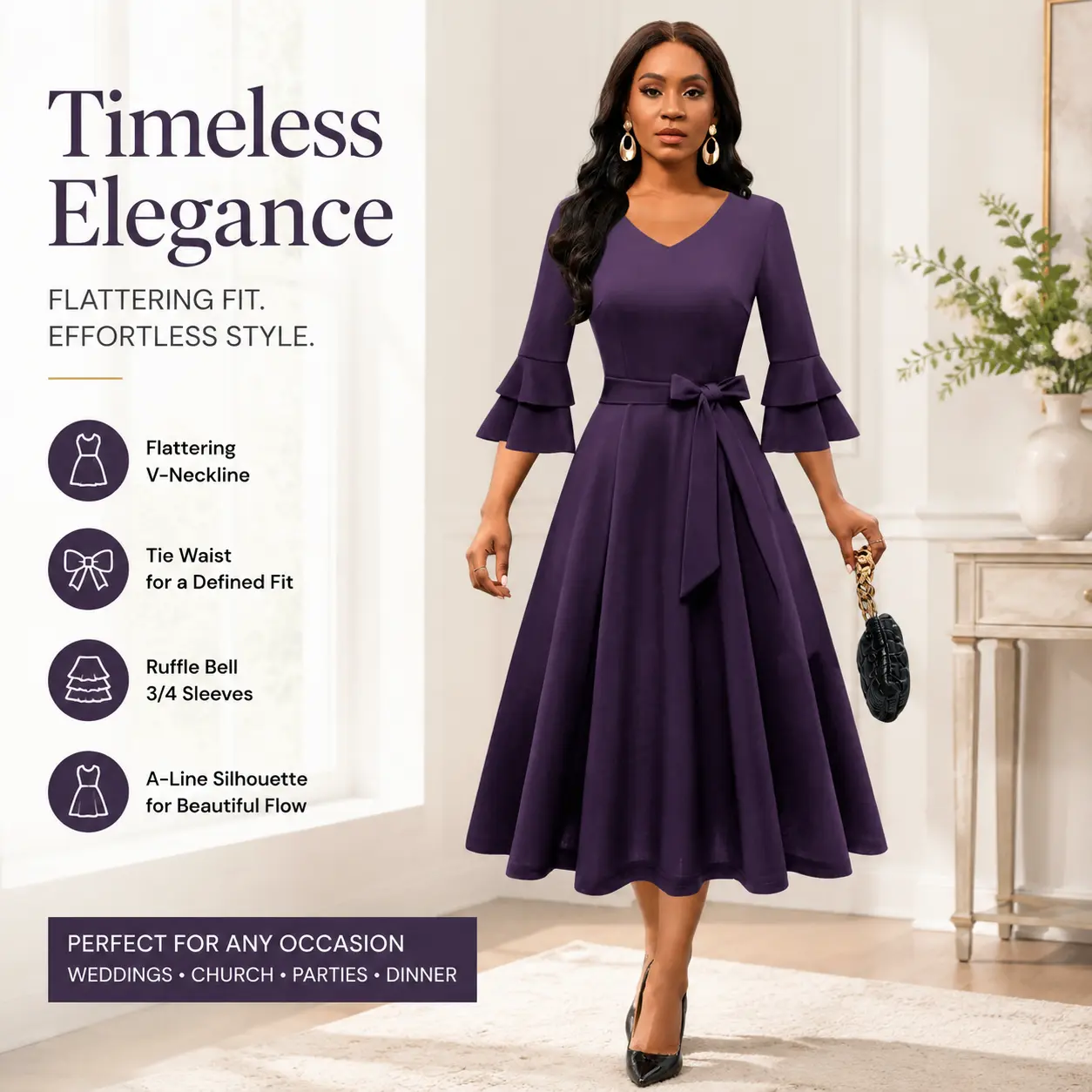 Women's 5-Sleeve Mid-Length Slim-Fit Dress, Soft Elegant Casual Fabric Beach Dress