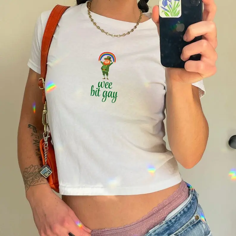 Baby Tee, Youth, Adult T-shirt Wee Bit gay baby tee, leprechaun crop top, viral st patricks day shirt, lucky bar crawl tshirt, LGBTQ pride apparel, trendy party outfit