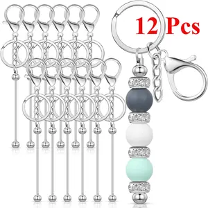 12 Pcs Beadable Keychains Bars Bulk Blank Beaded Metal Keychain for Craft DIY Gift