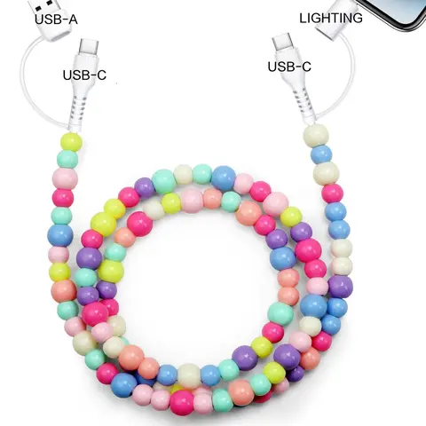 4-in-1 Silicone Beaded Charging Cable - 3.3ft Electronic Mobile Phone Accessory, Smart Chip, Detachable Cords, Multi-Plugs, Stylish Shine, Auto Current Adjust, USB-A/USB-C/Lightning, Compatible with iPhone 15/16/17, Samsung, Smartphone, Cellphone