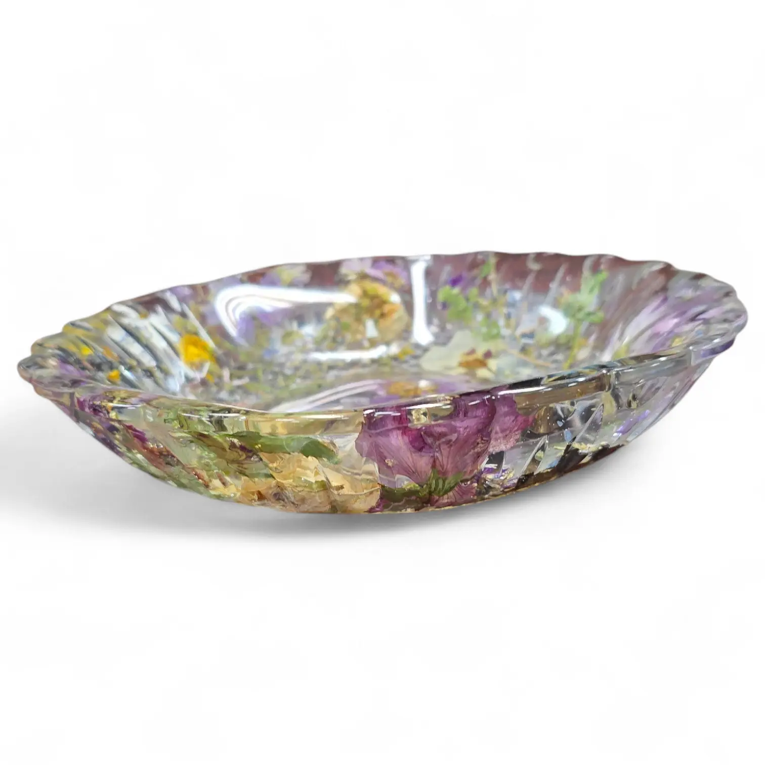 Handcrafted Vintage Chic Resin Glass Bowl, Large Generous Capacity Handmade Pressed Flower Cut Glass Tableware for Fruit Display, Home Décor Centerpiece