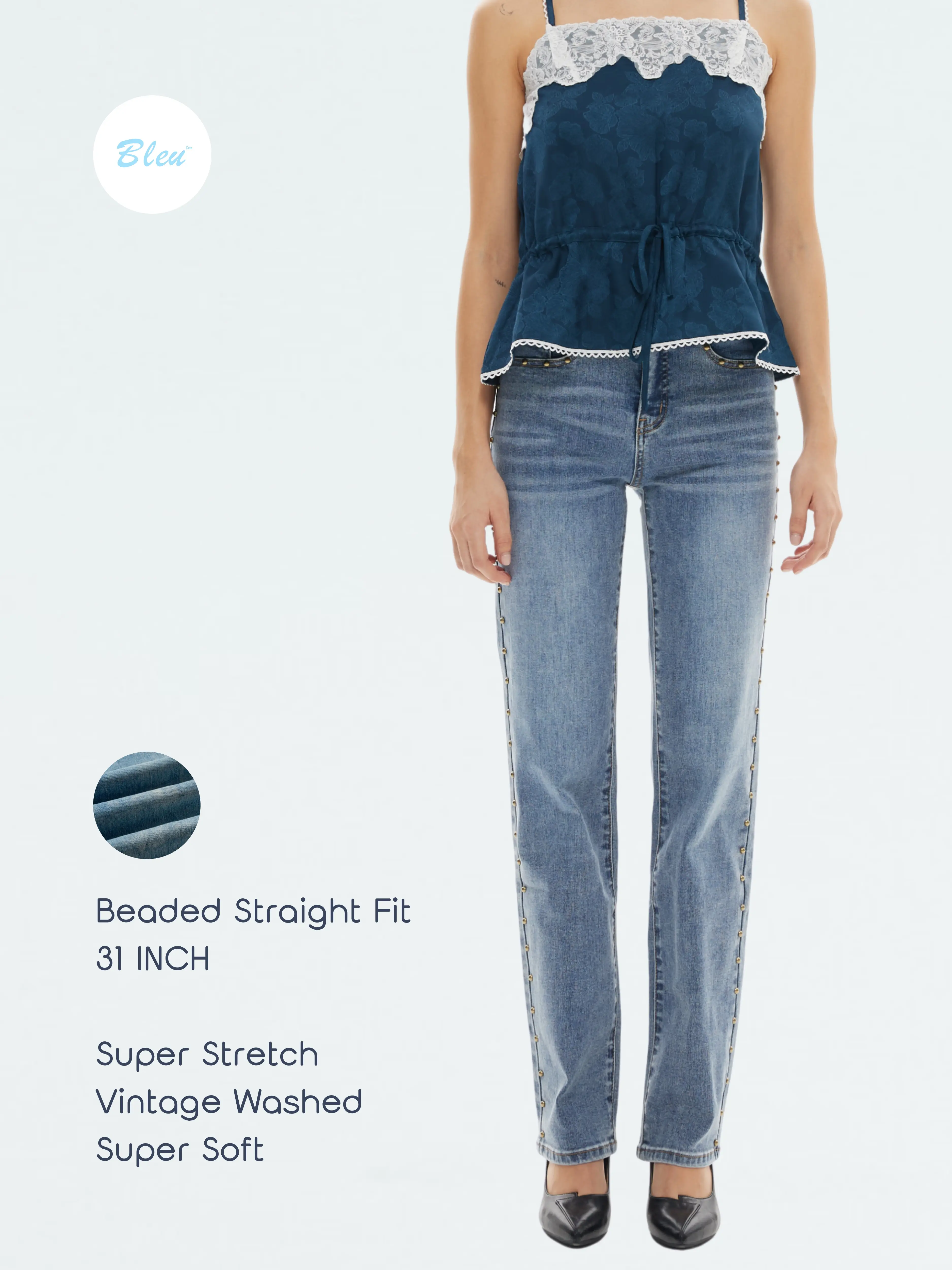 BLEU Women's Super Stretch Beaded Straight Leg Jeans, Plain Vintage Washed Denim Bottoms for All Season Wear, Basic, Low Rise, All Seasons, Cotton Denim, Vintage Street, Minimalist