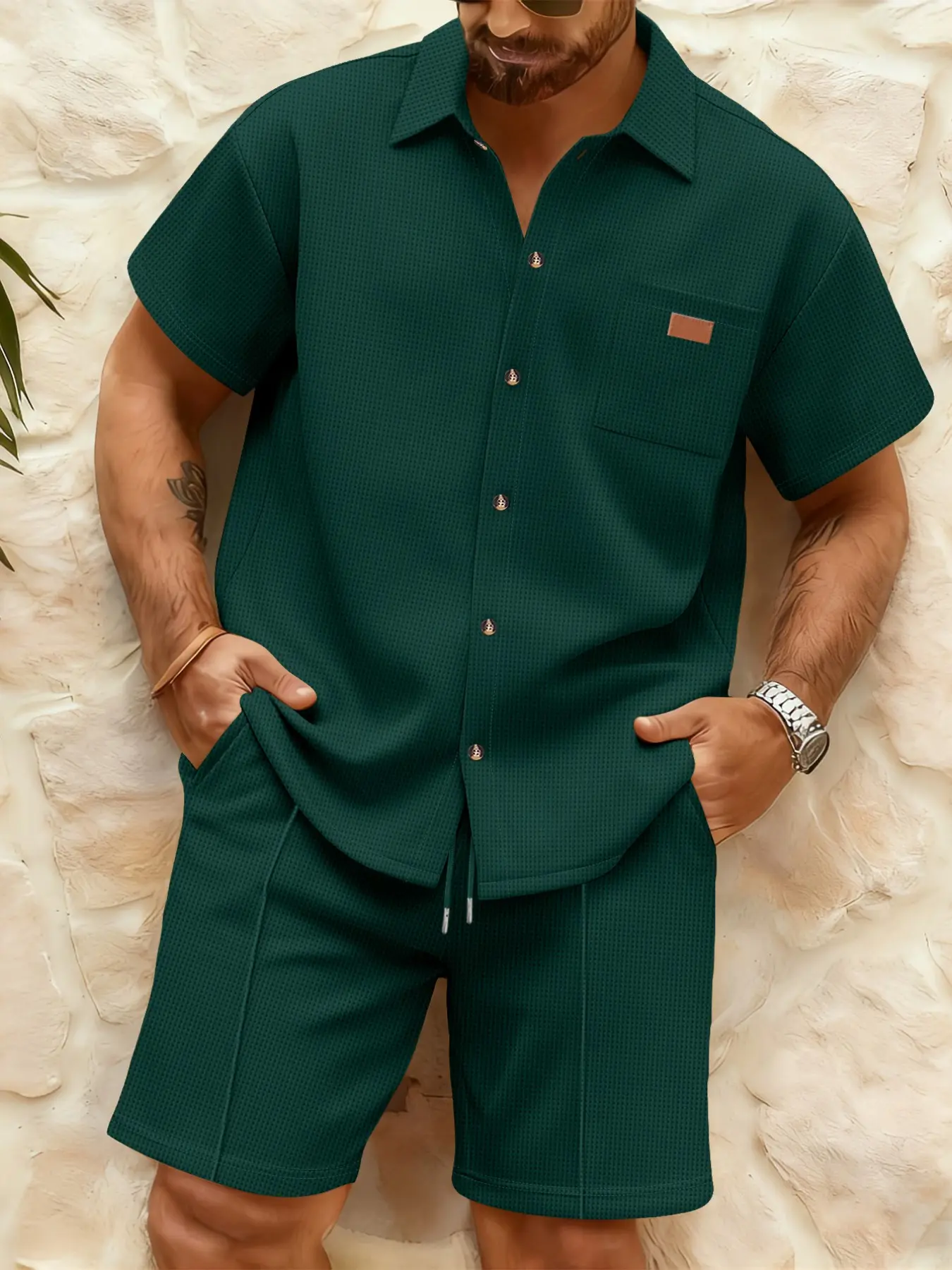 Men's Textured Solid Shirt and Shorts Set, Two-Piece Casual Vacation-Style Short-Sleeve Top and Bottoms Set, Comfortable and Stylish Men's Clothing, Guayabera Hawaiian Set, Comfy Summer Sets