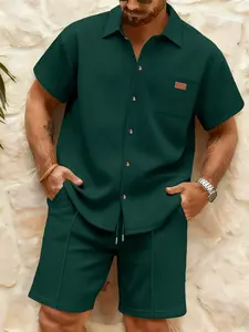 Men's Solid Texture Shirt Set, Casual Vacation Style Short Sleeve and Shorts Two-Piece, Comfortable and Stylish Men's Clothing