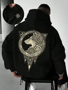 Men's Nordic Viking Wolf Totem Oversized Hoodie - Casual Heavyweight Streetwear with Intricate Celtic Knot Graphics & Compass Detail, Perfect for Urban Exploration & Winter Techwear Style
