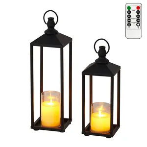 Modern Black Metal Lanterns Set of 2 – Decorative Candle Holders with Flameless Candles – Indoor Outdoor Use for Home, Patio, Porch, Mantle