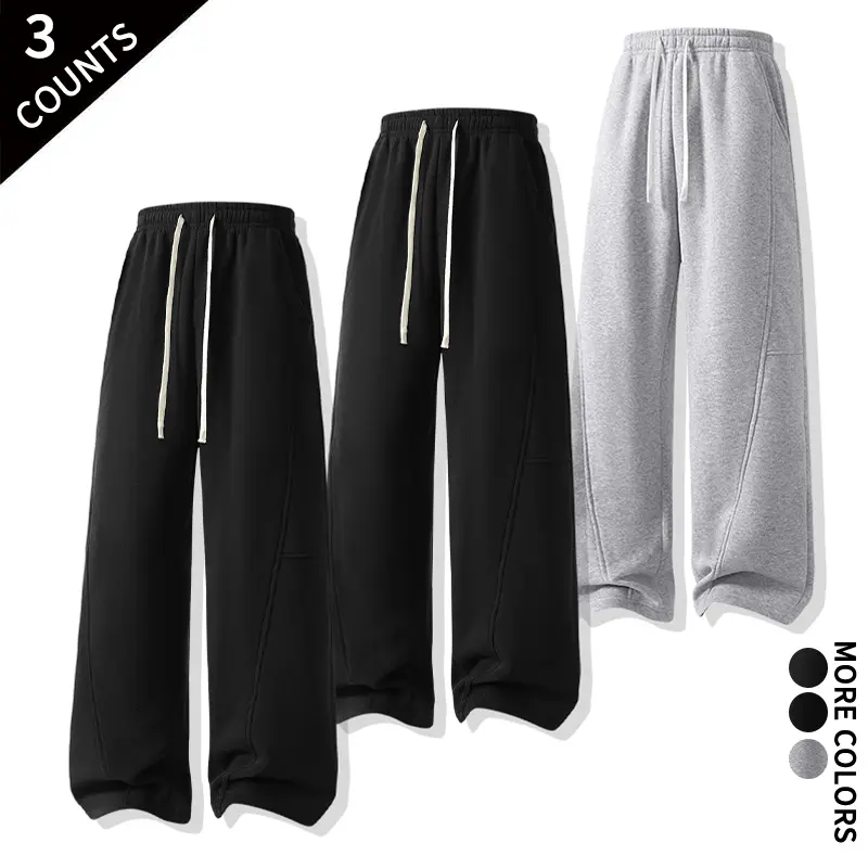 Men's 3-Pack Wide-Leg Track Pants - Unisex Brushed Knit Casual Wear, Breathable Fabric, Drape-Friendly for All Body Types, Versatile for Home & Commuting, Drawstring Waist