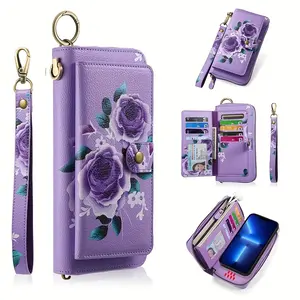 1 Stylish Purple Floral Faux Leather Zipper Wallet – Large Capacity Handbag with Phone Compartment, Multiple Card Slots & Coin Purse Design, Elegant Rose Pattern, Delicate Texture – Perfect Gift for Teens
