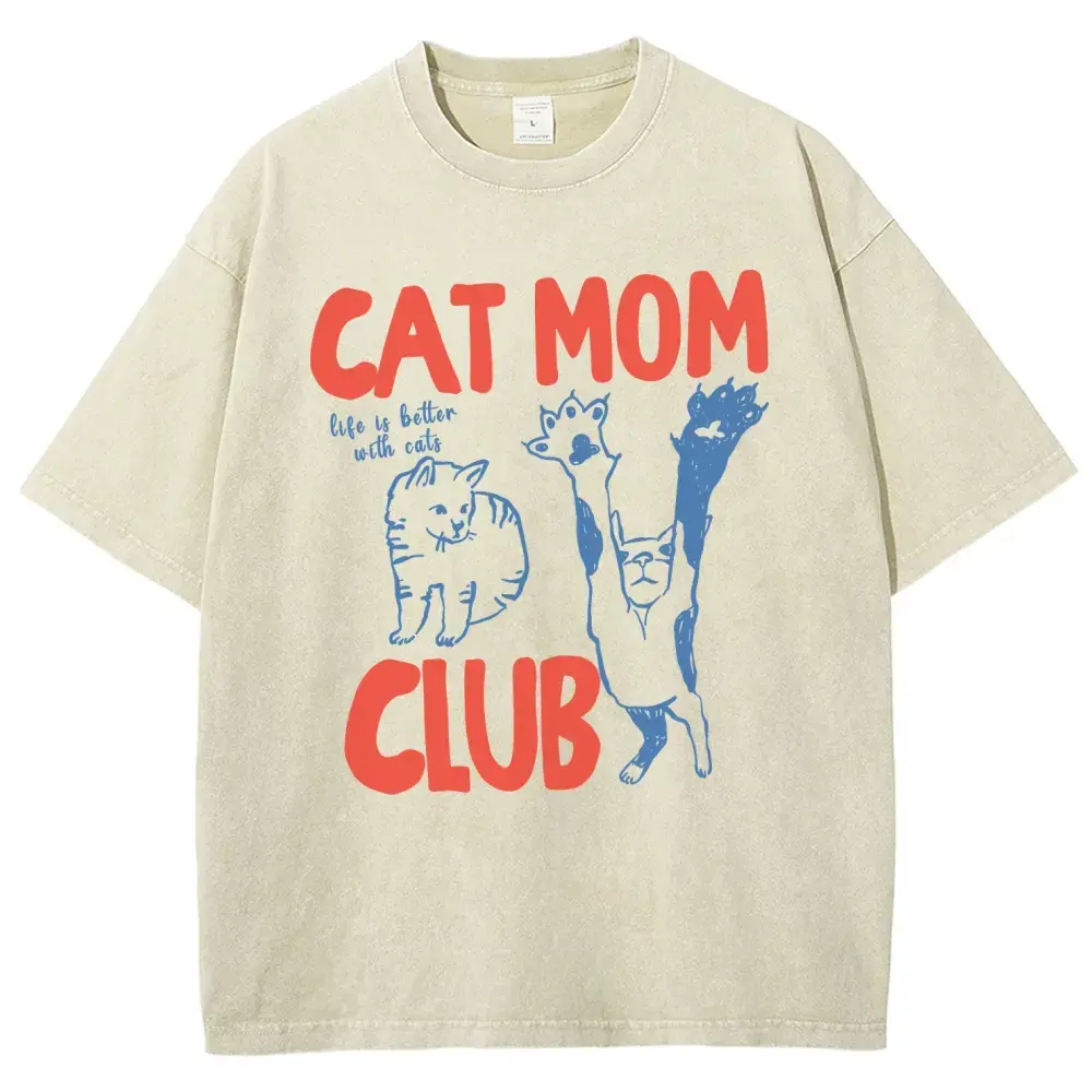 Cat Mom Club Mother's Day Gifts For Mom, Soft Washed Cotton T-Shirt, Casual Comfort Tee, Blessed Mama Graphic Tops, Mommy Birthday Gift, Lightweight Everyday Wear, Stylish Mom Apparel,men's t shirts,graphic shirts,humor graphic tee,cotton graphic tees