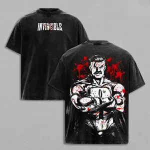 Men's Oversized Short-Sleeve Omni Man Invincible Graphic Print Top - Vintage Washed Heavyweight Cotton Streetwear Tee with Dual-Side Comic Superhero Villain Splatter Design and Acid-Washed Finish