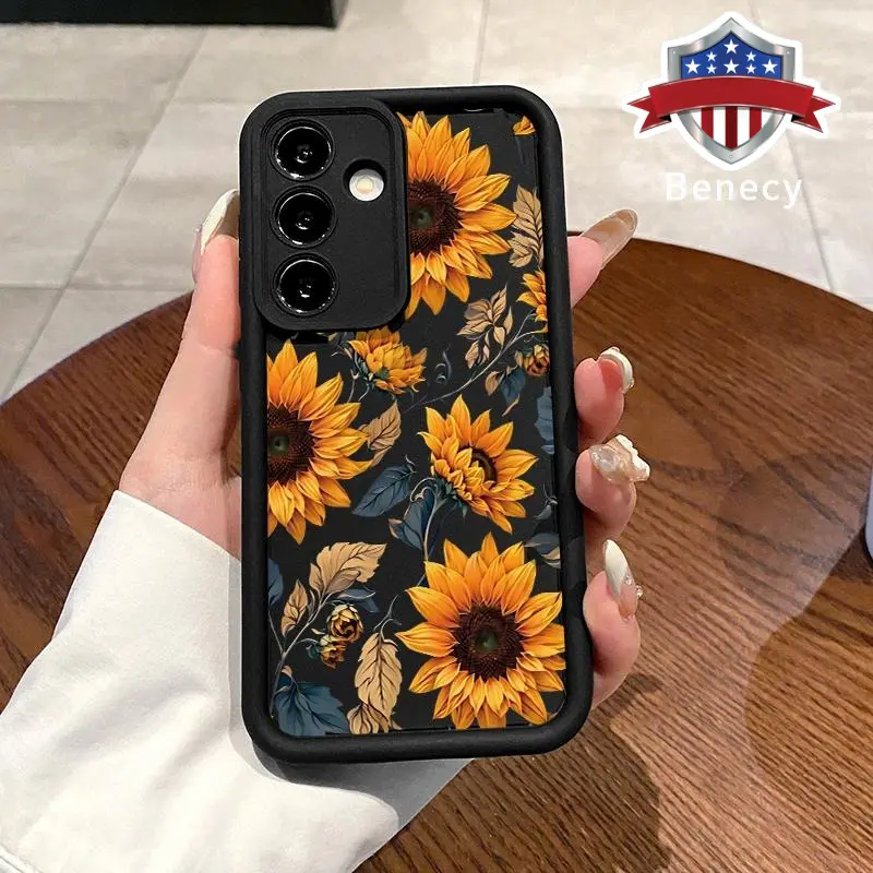 Rugged TPU Silicone Smartphone Casing for Galaxy S22+, S23 Ultra, S24 Plus, S25 Handheld Devices - Wild Sunflowers Design, Camera Protection Cover for Girls