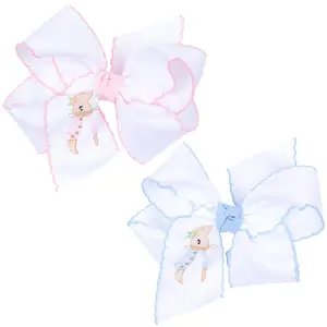 Storybook Rabbit Embroidered King Knotted Bow - Girls Easter Hair Accessory