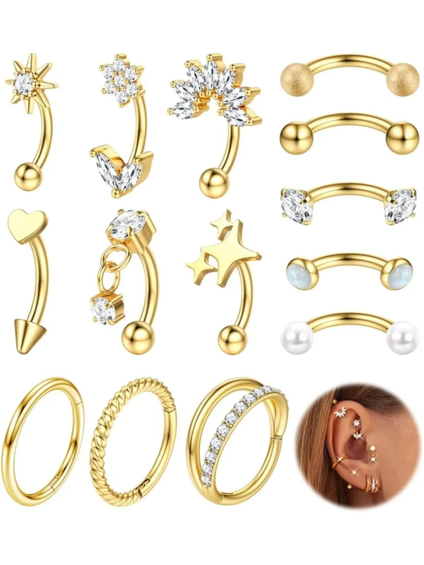 16g Rook Body Piercing Jewelry Steel Vertical Labret Lip Jewelry Mouth Jewelry Lip Labret Studs Gold Eyebrow Piercing Rook Daith Earrings for Women Cartilage Curved Barbell Daith Tragus Piercing Jewelry 14Pcs