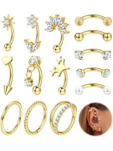 16g Rook Piercing Jewelry Steel Vertical Labret Lip Jewelry Gold Eyebrow Piercing Rook Daith Earrings for Women Cartilage Curved Barbell Daith Tragus Piercing Jewelry 14Pcs