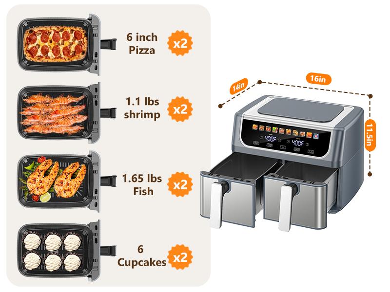 Sweetcrispy 9QT Dual Basket Air Fryer, Oven 10-in-1,2 Independent Nonstick Baskets with Easy View Windows, Sync Finish & Hi-Fry Functions,Wide Temperature Range (200°F – 450°F), Digital Double Air Fryer Sweetcrispy 9QT Dual Basket Air Fryer, Oven 10-in-1,2 Independent Nonstick Baskets with Easy View Windows, Sync Finish & Hi-Fry Functions,Wide Temperature Range (200°F – 450°F), Digital Double Air Fryer