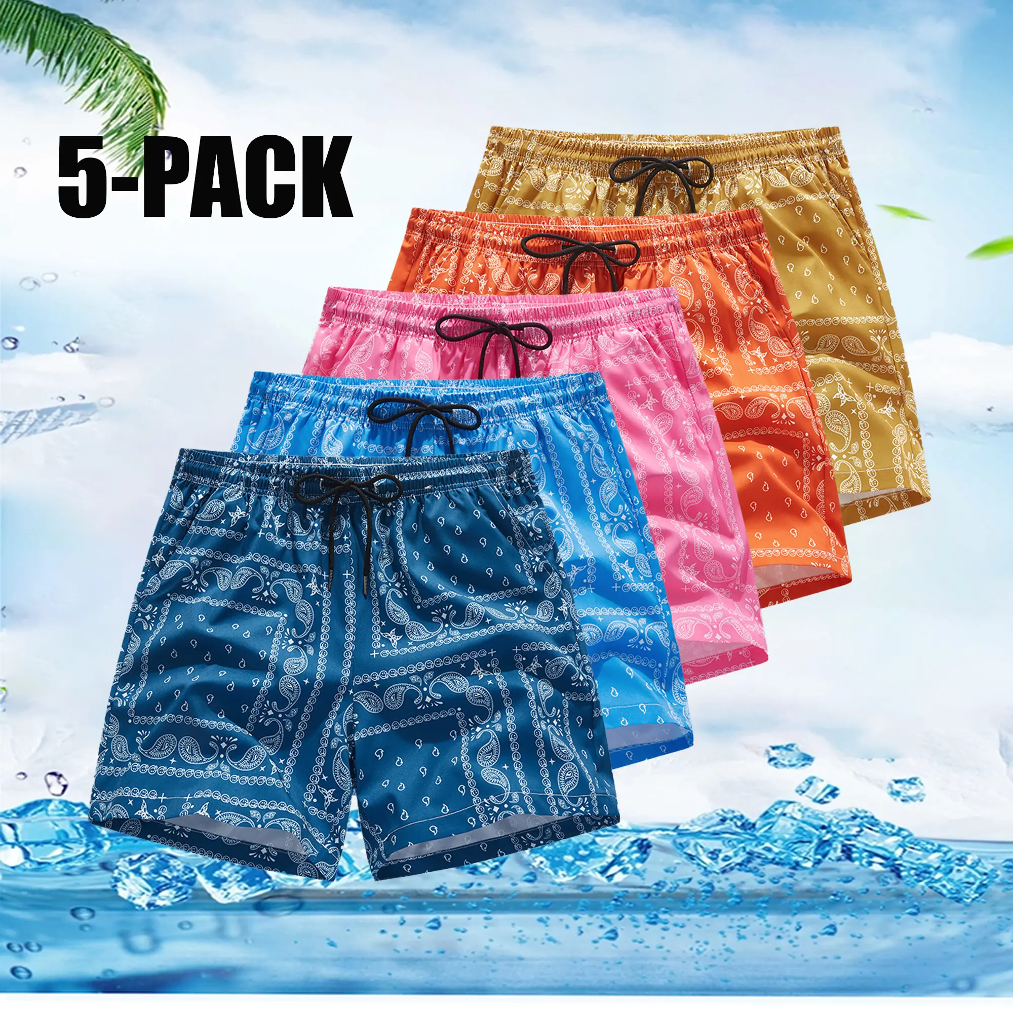 Pack of 5 men’s beach shorts featuring a nut motif—summer quick-dry, breathable athletic casual bermuda length Menswear Stylish