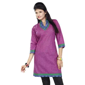 Tunic for Women Purple Kurti with Pink Square Floral Design Two Tone V-Neck Yoke, 3/4 Sleeves, Long Kurti, Kurta Tunic Top.
