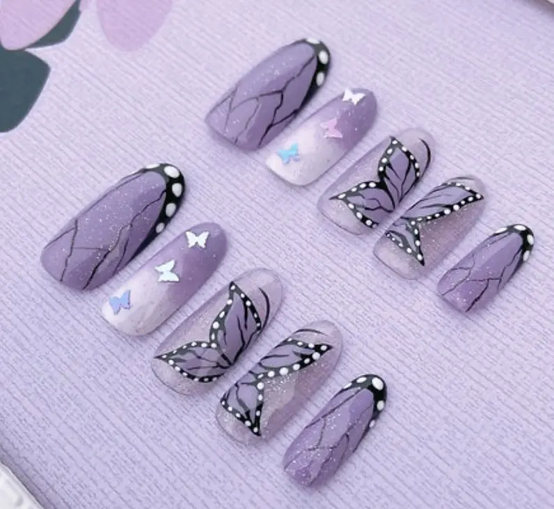 Shinobu Kocho Press On Nails | Purple Butterfly Demon Slayer Nails | Lavender Glitter Handmade Anime Nail Art with Gift Set (Adhesive Tabs, Nail File, Cuticle Stick) | Reusable Fake Nails