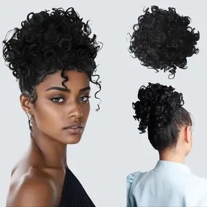 Messy Bun Hair Piece for Women Curly Drawstring Ponytail Loose Wavy Natural Black Synthetic Fiber Daily Use Braids Braided Dreads Hair Extension