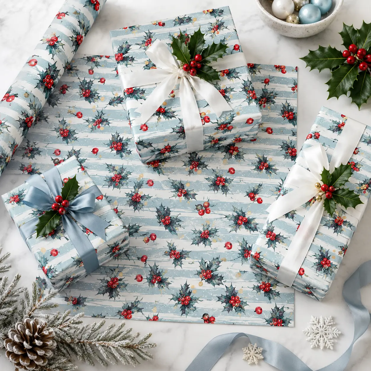 Winter Red Holly Berry Striped Gift Wrapping Paper Sheet - Classic Snowy Botanical Christmas Wrap for Holiday Birthday Decor