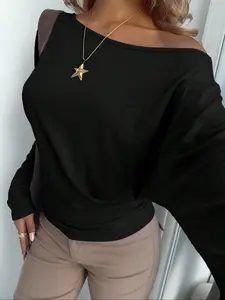 Women's Black Off Shoulder Long Sleeve Top - Loose Fit Asymmetric Neck Blouse, Casual Elegant Party Clubwear Shirt