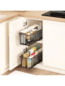 Pull Out Cabinet Organizer 2 Pack, Heavy Duty Carbon Steel Slide Out Drawers, Multifunctional Sliding Pantry Shelves For Kitchen Base Cabinet Organization