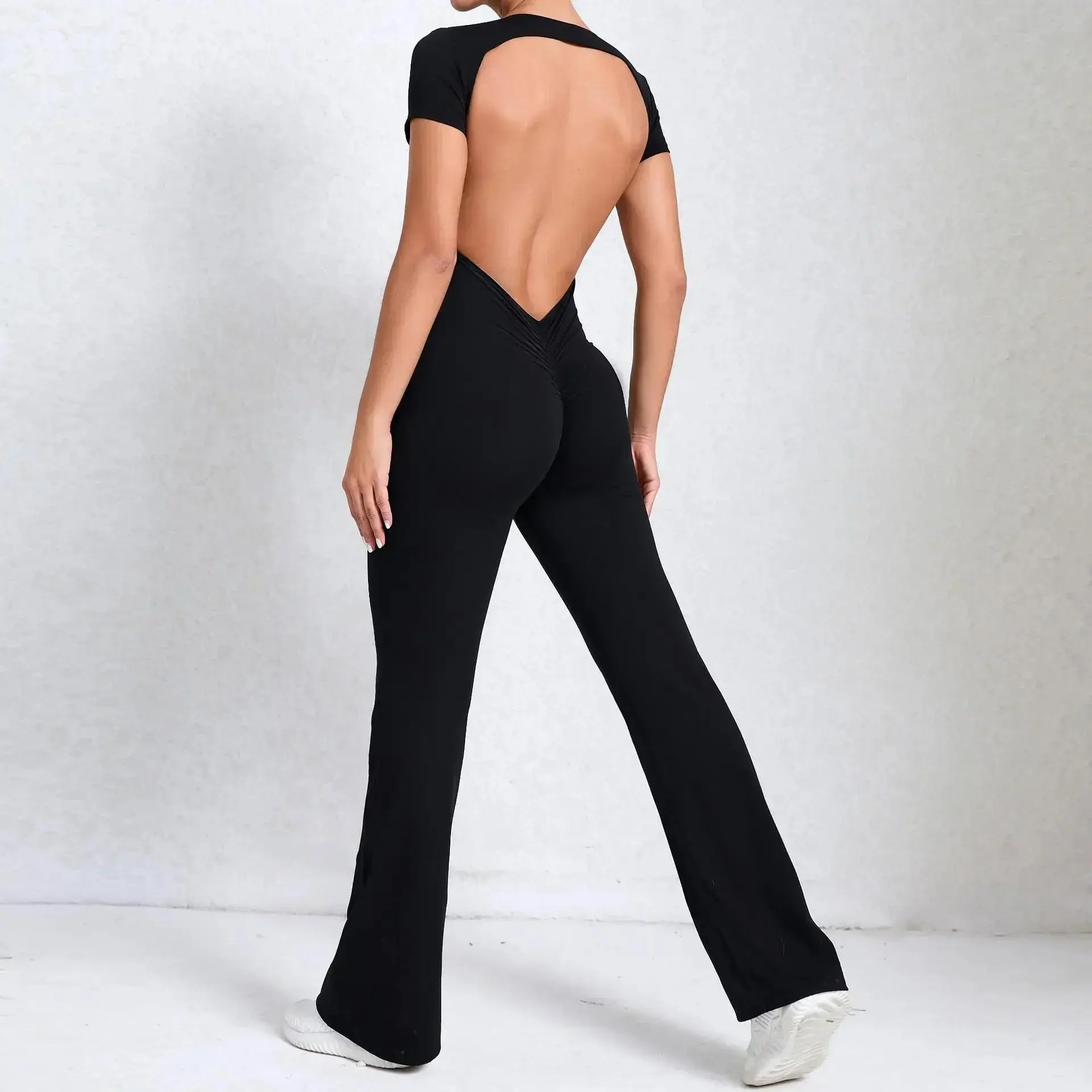 Sexy Backless Scrunch Flared Jumpsuits Women One Piece Sportswear Yoga Clothes Short Sleeve Fitness Overalls Female Sport Outfit