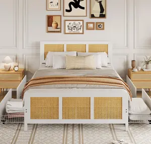 Garvee White Rattan Bed Frame with Headboard, Boho Cane Platform King Size Bed Frame with 4 Drawers, Strong Metal Slats Support, Noise Free, No Box Spring Needed