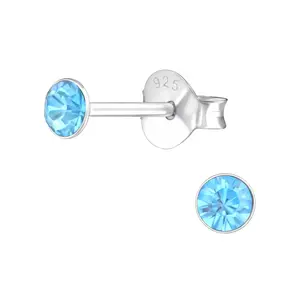3mm Round Bezel Set Crystal Stud Earrings - Pair - 925 Sterling Silver