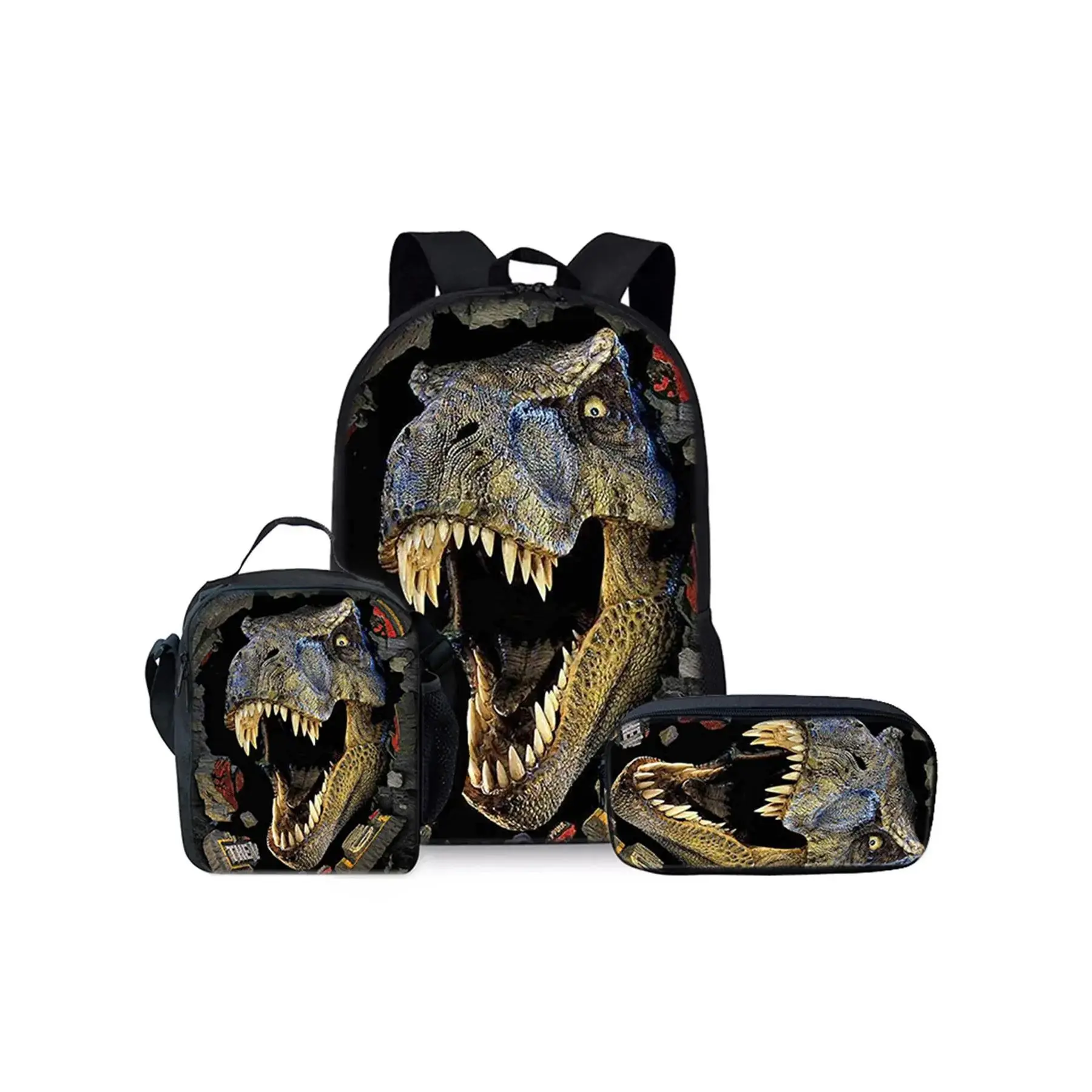 Tyrannosaurus Rex pattern printed 17-inch Dual Sided Backpack for school three-piece set (single-layer backpack + shoulder strap lunch bag + single-layer pencil bag)
