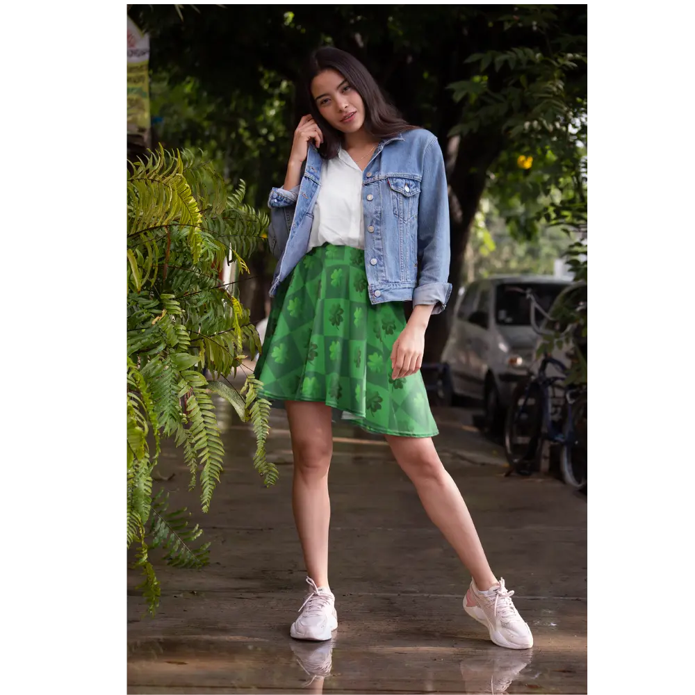 Shamrock Skater Skirt, St Patricks Day Women's Fashion, Lucky Clover A-Line Skirt, Green Holiday Apparel, Irish Festival Outfit, Spring