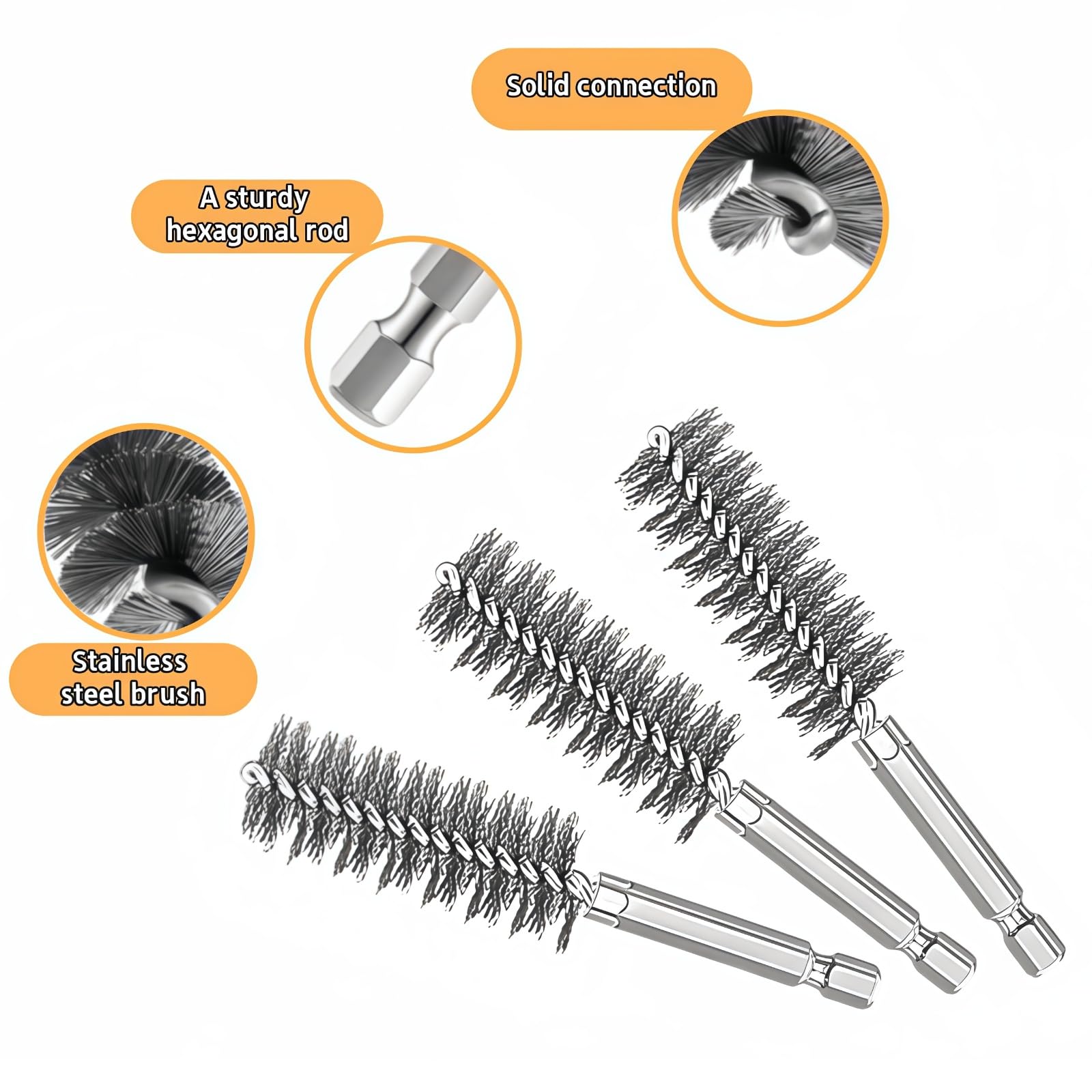 Stainless Steel Bore Brush Set 12 Pcs, Equipped with 4'' Extension Bar and 1/4 Inch Hex Shank, Multi Size 5/16"-1-3/16" Twisted Wire Brushes, Ideal for Power Drill Impact Driver Bore Cleaning