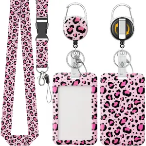 Fashionable Sliding Badge Holder Pink Leopard Print Plastic Card Holder with Retractable Badge Reel Carabiner & Detachable Lanyard Vertical Card Protector for Office Worker Teacher Student