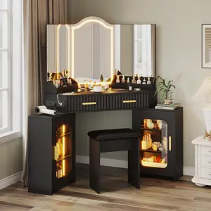 Corner Vanity Desk Set, Large Makeup Table with 3 Way Lighted Mirror, Charging Station, 2 Fluted Drawers, 2 Storage Cabinet, Cushion Stool, Modern Dressing Table for Bedroom, Women, Girls (Black + Gold)