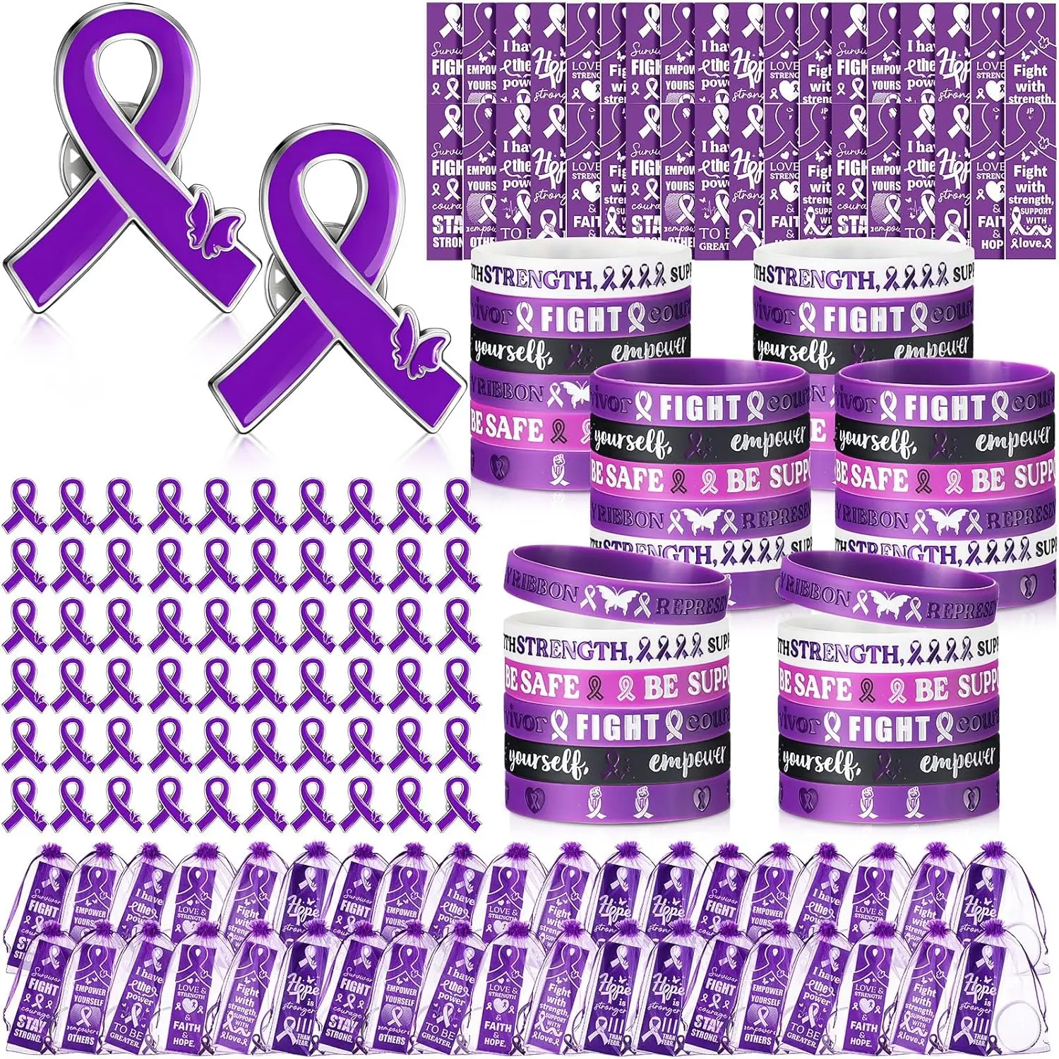 240-Count Charity Event Bulk Supply Set Bundle - Soft Synthetic Purple Ribbon Wristbands for Adults, Butterfly Pins, 60 Purple Ribbon Bookmarks & Bags for Fundraising