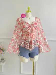 Women's Summer New Floral Chiffon Top, Square Neck Butterfly Knot Design, Long Sleeve Bell Sleeve Waist Cinch Slim Fit Shirt Nk-0004-512009
