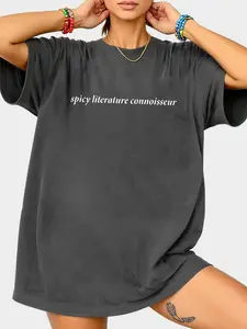 Dark Gray Washed Oversized "Spicy Literature Connoisseur" Niche Book Fan Graphic T-Shirt, Women - Casual Literary Top, Niche Book Streetwear, Soft Fabric for Spicy Literature Fan Gatherings & Daily Outings, Bold Handwritten Slogan Design