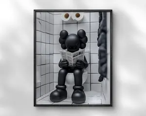 Kaws On The Toilet Reading a Newspaper Wall Art, Black Kaws Figure Print Unframed