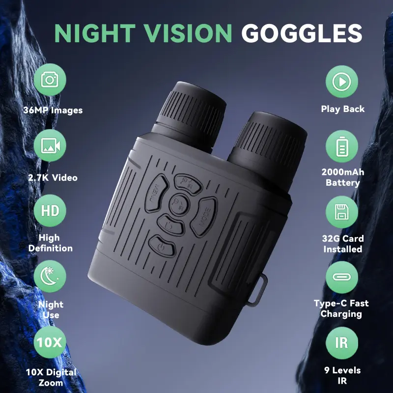 Infrared Night Vision Binoculars for Adults - 10x Digital Zoom, 32GB Memory Card, 2K HD Video & 1080P Full HD Photos, Type-C Fast Charging, ABS Black, Perfect for Camping, Hunting & Outdoor Adventures