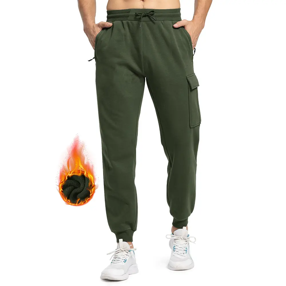 Mens Cargo Sweatpants Joggers Winter Fleece Lined Pants Gym Running Cotton Pants with Zipper Pockets